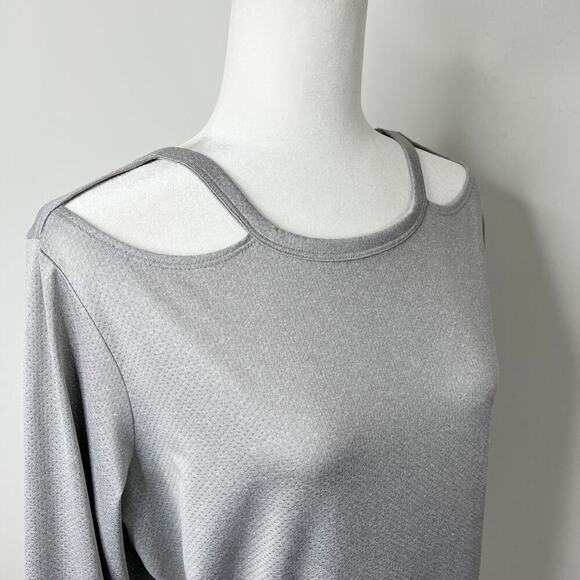 C&C California Women's Cold Shoulder Mesh Top Size L Gray Open Back Long Sleeve - Picture 5 of 10